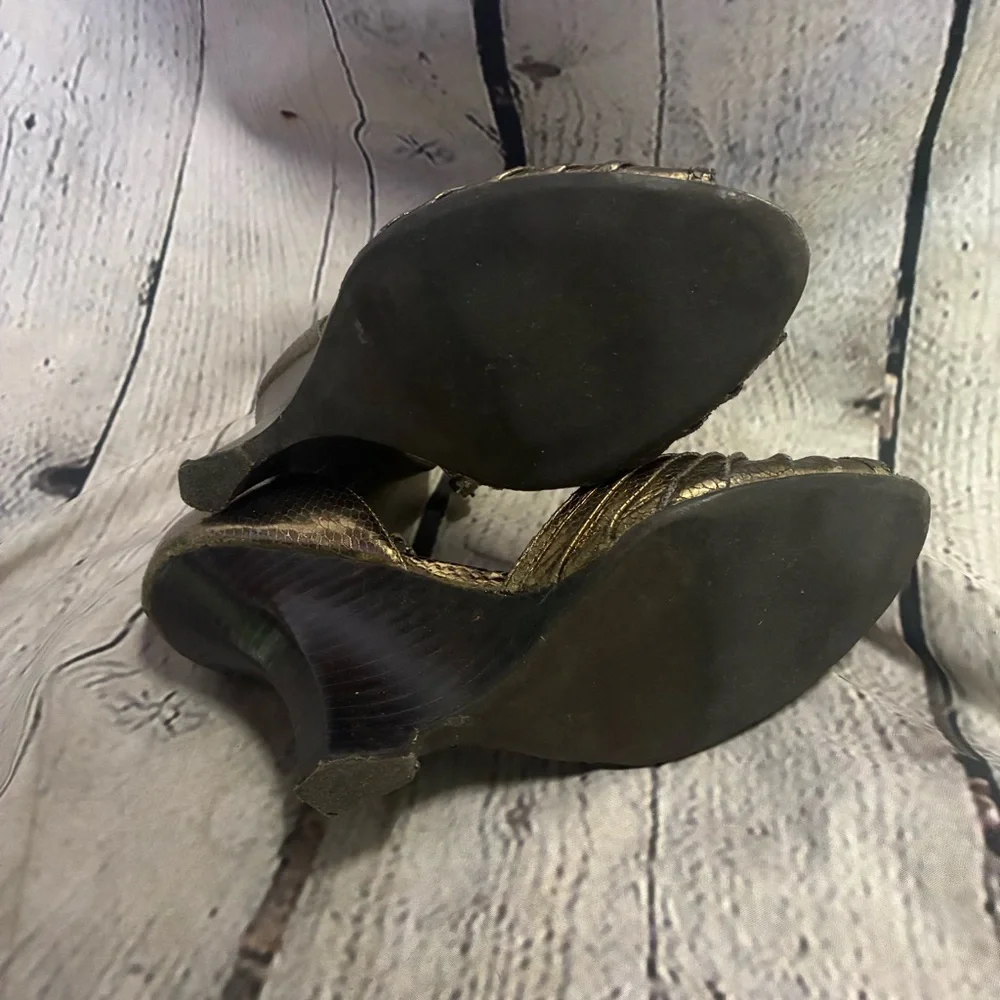Y2K VTG Steve Madden Throb‎ Metallic Bronze Snake Print Wavy Wedges Sz 7.5 AS IS